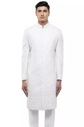 White embroidered silk sherwani set