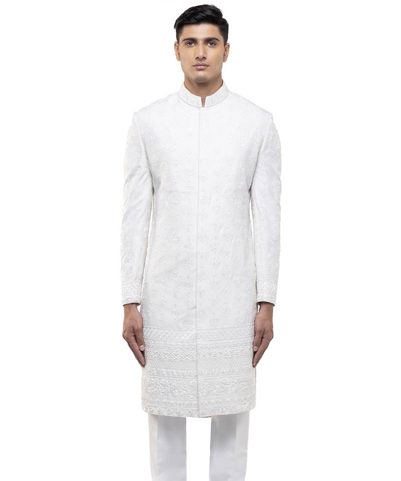 White embroidered silk sherwani set