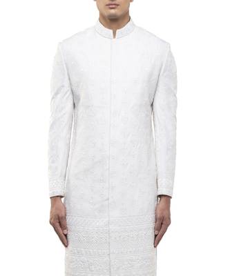White embroidered silk sherwani set 2