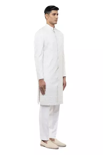 White embroidered silk sherwani set