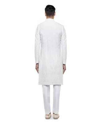 White embroidered silk sherwani set 4