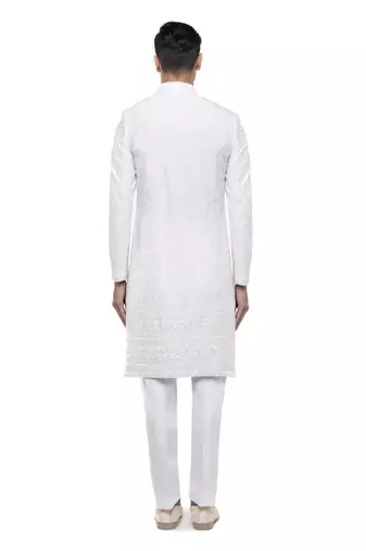 White embroidered silk sherwani set