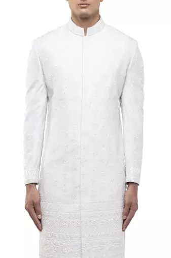White embroidered silk sherwani set