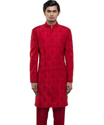 Red embroidered silk sherwani set 1