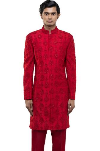 Red embroidered silk sherwani set