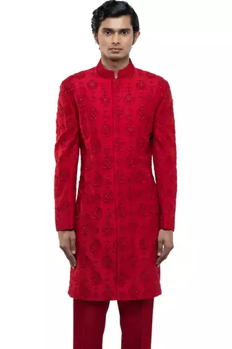 Red embroidered silk sherwani set