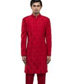 Red embroidered silk sherwani set