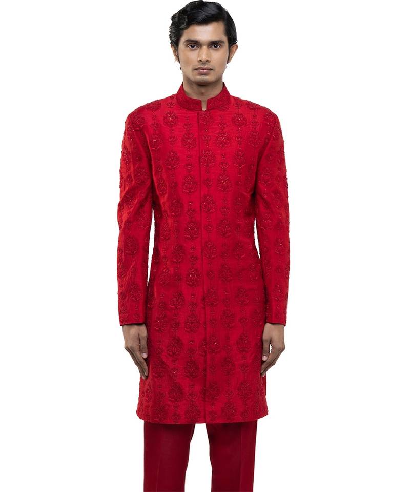 Red embroidered silk sherwani set