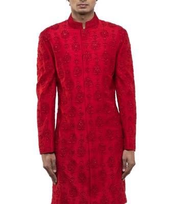 Red embroidered silk sherwani set 2