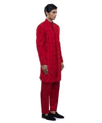 Red embroidered silk sherwani set 3