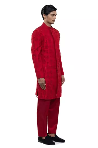 Red embroidered silk sherwani set