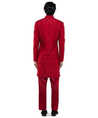 Red embroidered silk sherwani set 4