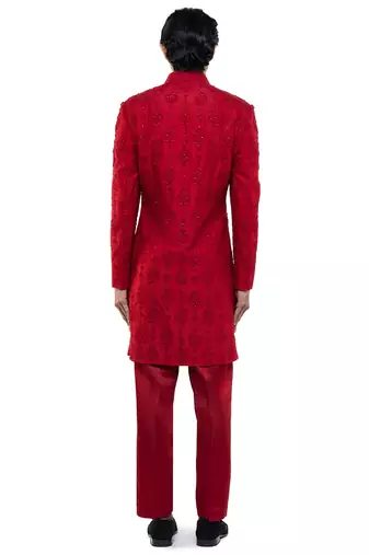 Red embroidered silk sherwani set