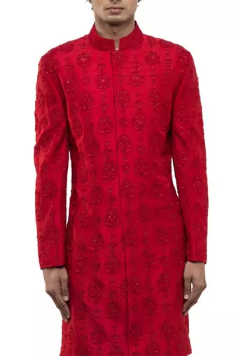 Red embroidered silk sherwani set