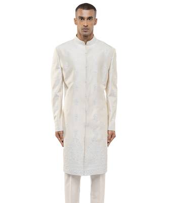 White embroidered silk sherwani set 1