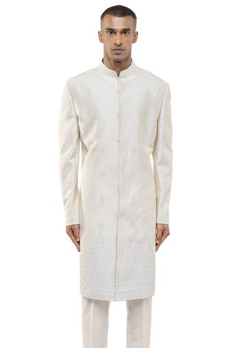 White embroidered silk sherwani set