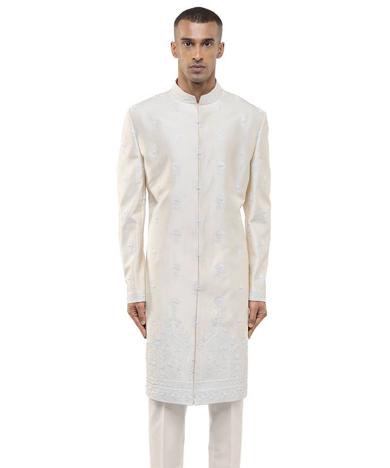 White embroidered silk sherwani set