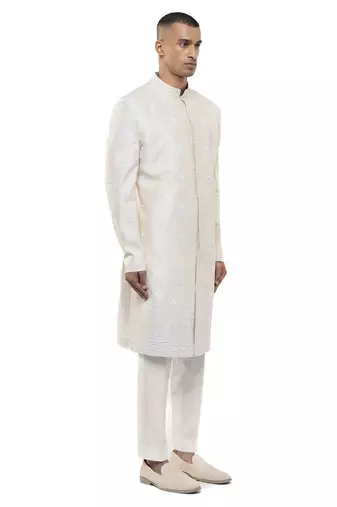 White embroidered silk sherwani set