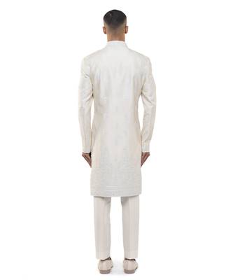 White embroidered silk sherwani set 4