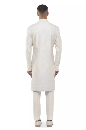 White embroidered silk sherwani set