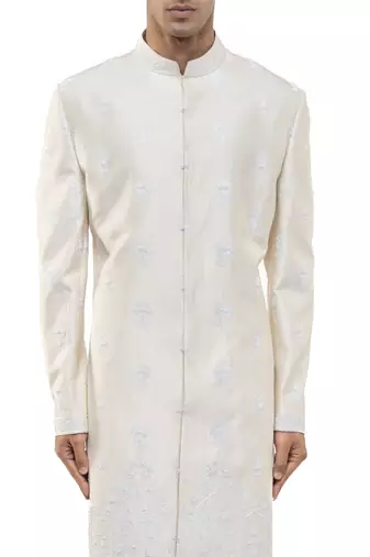White embroidered silk sherwani set