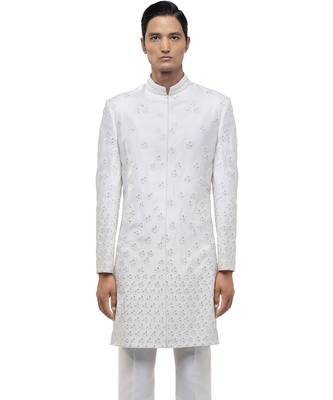 White embroidered silk sherwani set 1