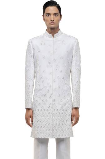 White embroidered silk sherwani set