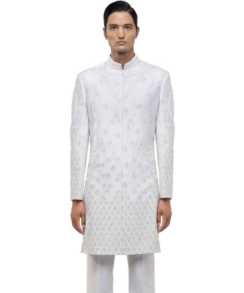 White embroidered silk sherwani set