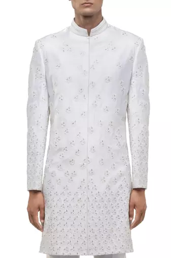 White embroidered silk sherwani set
