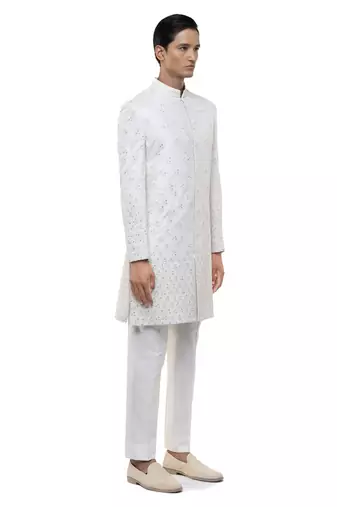 White embroidered silk sherwani set