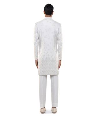 White embroidered silk sherwani set 4
