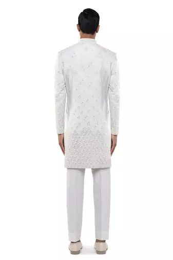 White embroidered silk sherwani set