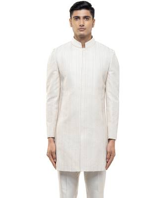 White embroidered silk sherwani set 1