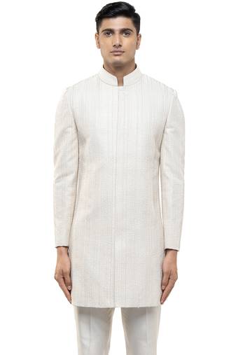 White embroidered silk sherwani set