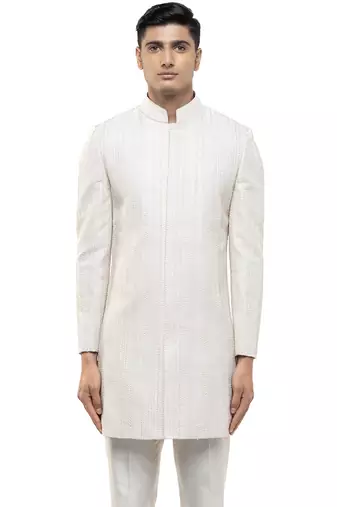 White embroidered silk sherwani set