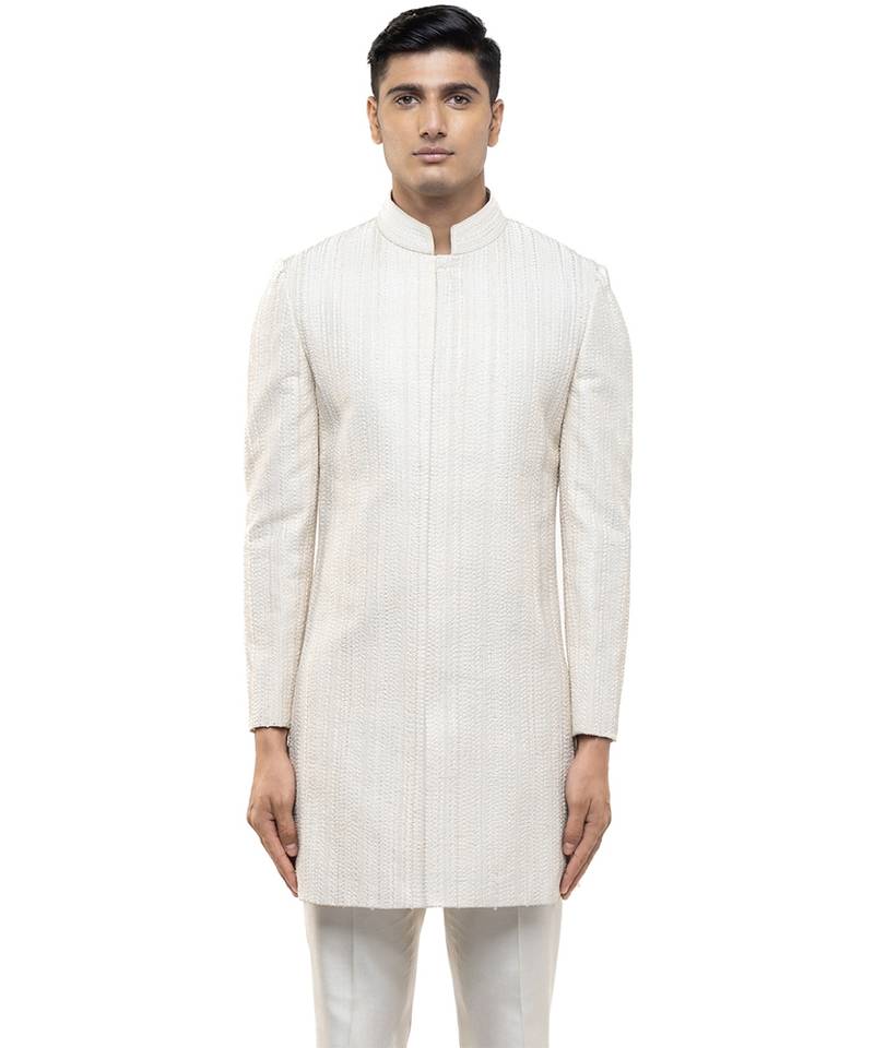 White embroidered silk sherwani set