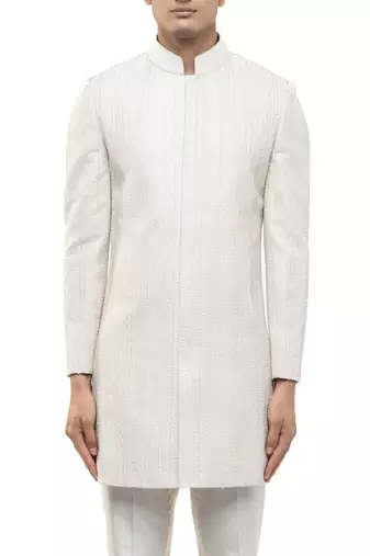 White embroidered silk sherwani set