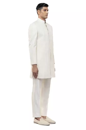 White embroidered silk sherwani set