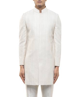 White embroidered silk sherwani set 5