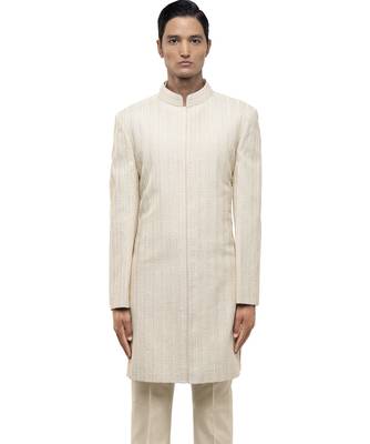 White embroidered silk sherwani set 1