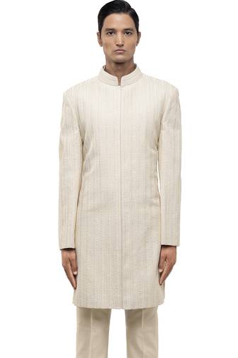 White embroidered silk sherwani set