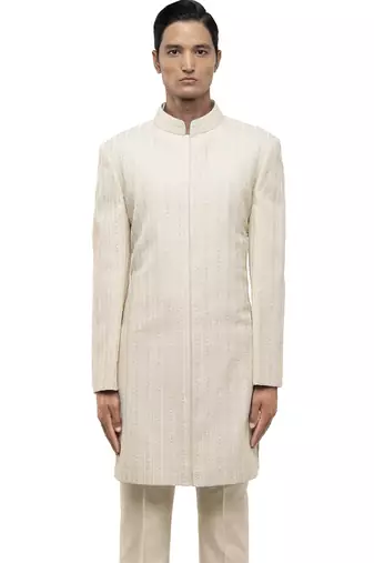 White embroidered silk sherwani set