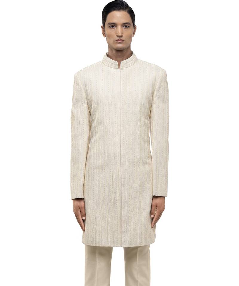 White embroidered silk sherwani set