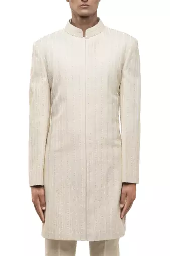White embroidered silk sherwani set