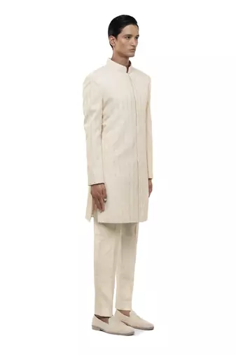 White embroidered silk sherwani set