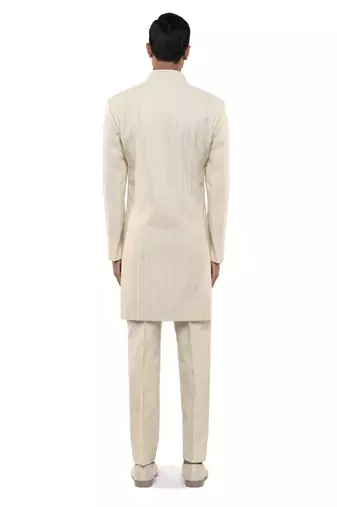 White embroidered silk sherwani set