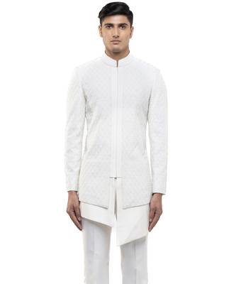 White embroidered silk sherwani set 1