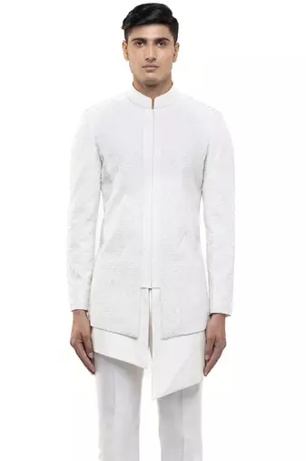 White embroidered silk sherwani set
