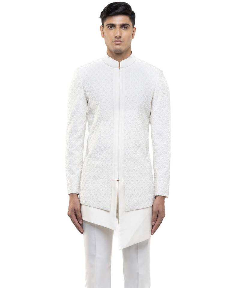 White embroidered silk sherwani set