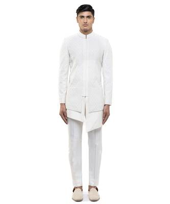 White embroidered silk sherwani set 4